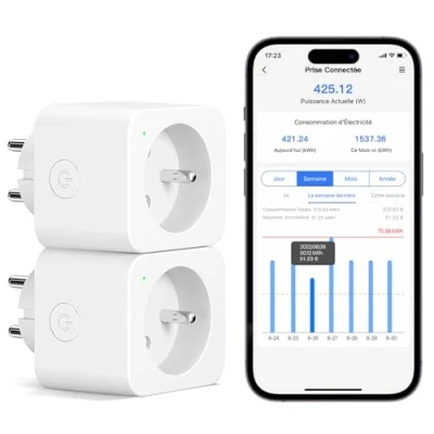 Imagen de Meross Toma conectada (FR), 16 A, conector WiFi compatible con Alexa y Google Home, juego de 2 tomas medición consumo inteligente control voz, remoto configuración Bluetooth