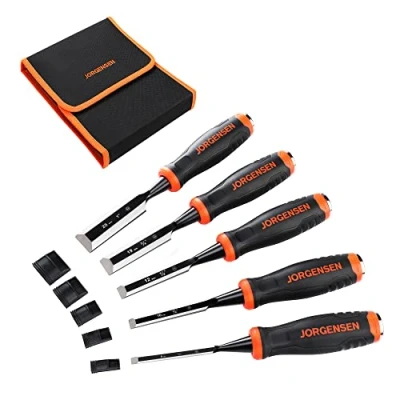 Imagen de JORGENSEN 5 piezas Juego de cinceles madera, Cr V con tamaño 6 mm / 10 12 19 25 mm, bolsa y cubierta protectora hoja, para carpintería