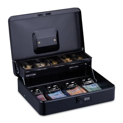 Imagen de Relaxdays Caja Dinero, Combinación 3 Números, Bandeja para Monedas y 4 Espacios Billetes, Cajita Efectivo, Negro, 8,5 x 30,5 24,5 cm