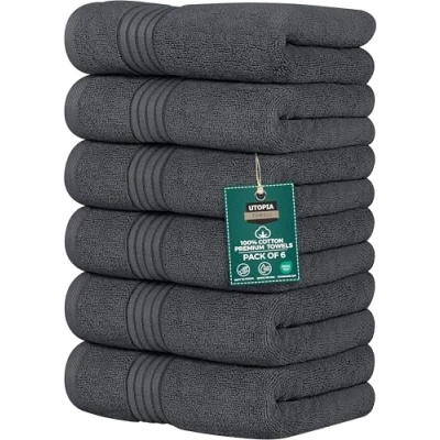 Imagen de Utopia Towels Juego de 6 Toallas Mano Lujo, (41 x 71 CM) 100% Algodón Hilado en Anillos, Ligeras y Altamente Absorbentes para Baño, Viaje, Camping, Hotel SPA (Gris)