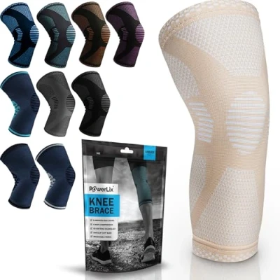 Imagen de POWERLIX rodillera para mujeres y hombres, de compresión artritis, dolor articular, lesión ligamentos, desgarro menisco, tendinitis, correr, sentadillas, deportes, Beige, M