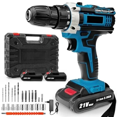Imagen de Taladro atornillador inalámbrico de 21 V, destornillador desatornillador con 2 baterías, 32 Nm eléctrico, 24 accesorios, velocidades, LED, para bricolaje