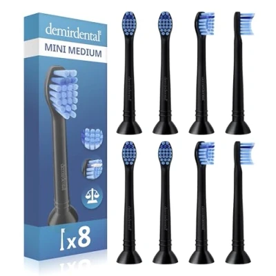 Imagen de Pack con 8 cabezales demirdental compatibles los recambios de Philips Sonicare, mini, cepillos dureza media, Negro, corresponde a HX6028b