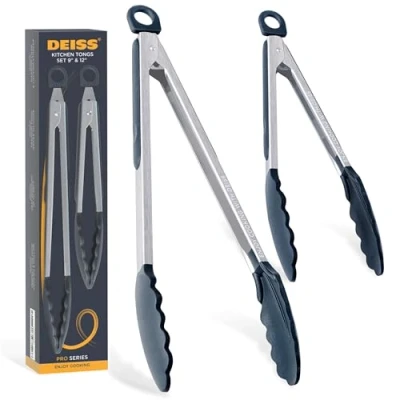 Imagen de Pinzas de cocina Deiss PRO con puntas silicona para cocinar, BBQ, freidora aire resistentes al calor, Cierre tracción, juego 2, 9 y 12&#039;&#039;