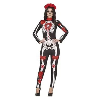 Imagen de FIESTAS GUIRCA Disfraz de Catrina Mono Largo con Estampado Esqueleto, Flores y Joyas para Mujer Adulta Talla M 38 40