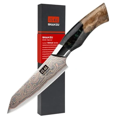 Imagen de SHAN ZU Cuchillo Monador Damasco de Cobre y Acero 33 capas, para Pelar Damasco, Pelador Cocina Japonés Forjado a Mano con Mango Madera Arce VENUS Series