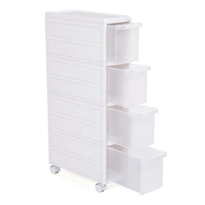 Imagen de SONGMICS Carrito Estrecho con Ruedas, Estantería de Almacenamiento Cajones, 4 Niveles Utilizables por Separado, Plástico PP, Blanco, 18 x 46 84,5 cm (Anchura Profundiad Altura) KFR05W