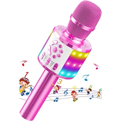 Imagen de Micrófono Karaoke Bluetooth, Microfono Inalámbrico Niña Portátil con Luces LED Regalo Juguetes para Niños Canta Partido Musica, Compatible Android, iOS, PC