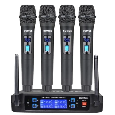 Imagen de BOMGE Sistema de micrófono inalámbrico, Juego inalámbrico Pro 4 Canales con Cuatro micrófonos Mano, frecuencia Fija, Largo Alcance 200 pies, Ideal para Iglesia, Karaoke, Eventos