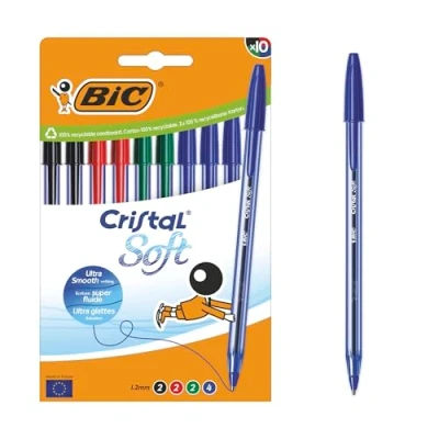 Imagen de Bic Cristal Soft Bolígrafos de punta media (1,2 mm) con tinta Easy Glide Colores surtidos, caja 10 unidades