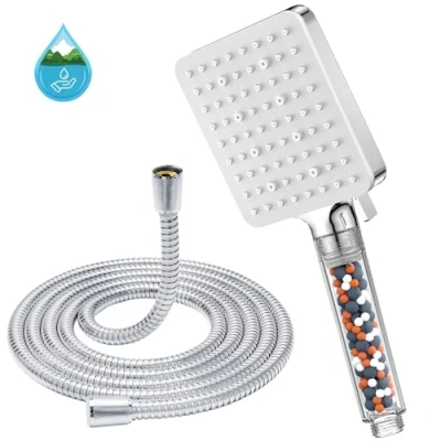 Imagen de Alcachofa de Ducha con Manguera 1.6m, YEAUPE PRO Filtro Agua Alta Presion, Cabezal Antical, Duchas Baño Cuadrado Rociador 6 tipos, Grande por electrico ducha,Blanco