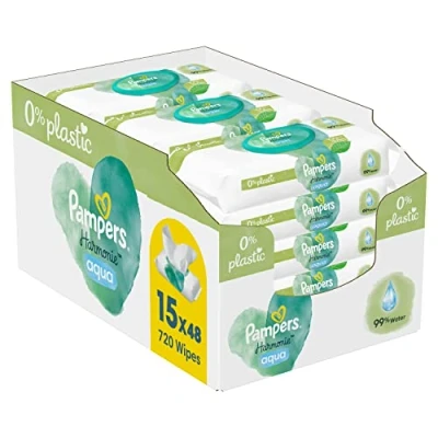 Imagen de Pampers Harmonie Aqua Baby toallitas húmedas Caja, 720 (15 x 48), protección suave para la piel delicada con 99% de agua