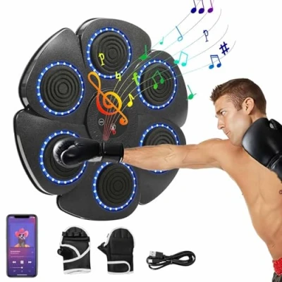 Imagen de UOEONR Máquina de boxeo musical con guantes boxeo, Bluetooth y velocidad ajustable, 9 modo contabilidad, para adultos niños (negro+guantes A)