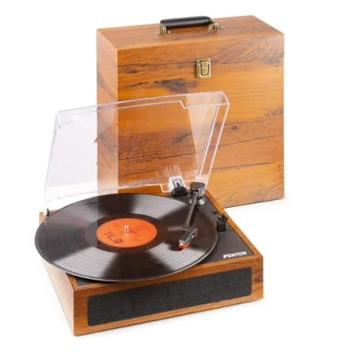 Imagen de Fenton RP170D Tocadiscos y Estuche para vinilos con grabación Bluetooth, Parada automatica, 3 velocidades, 30 Discos, Salida RCA, Entrada Mini Jack, de Auriculares, Madera Clara