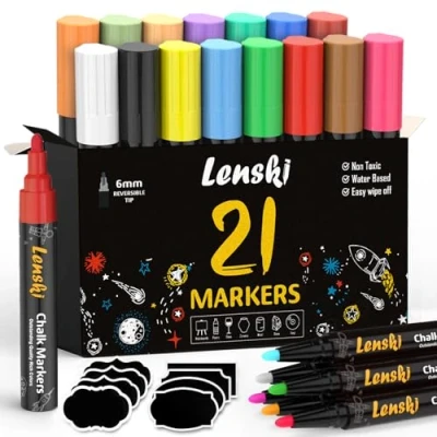 Imagen de Lenski 21 rotuladores de tiza para ventanas y pizarras lavables 6 mm con rotulador pizarra blanca metálico, ventanas, niños