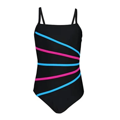 Imagen de Aquarti Bañador de Baño Deportivo Una Pieza para Niñas Tira, Negro/Amaranto/Azul Turquesa, 146