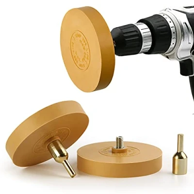 Imagen de 2 gomas de borrar con adaptador, para taladro, destornillador inalámbrico, lijadora recta, eliminar películas y restos pegamento en vehículos, coche o motocicleta.