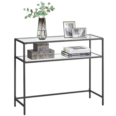 Imagen de VASAGLE Mesa de Consola, Entrada, Extremo del Sofá, Tablero Vidrio Templado, Marco Metal, Patas Ajustables, para Salón, Pasillo, Negro y Transparente LGT025B01
