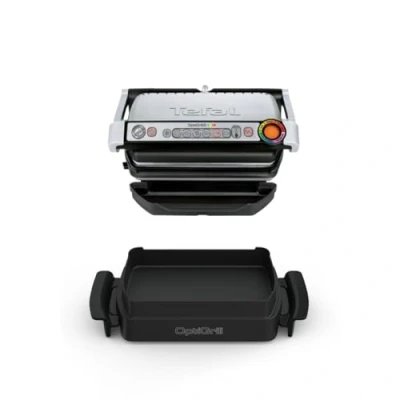 Imagen de Tefal OptiGrill &amp; Bake GC714D10 Barbacoa de contacto con bandeja para hornear, 6 programas, indicador nivel cocción, placas extraíbles, parrilla eléctrica, acero inoxidable, color plateado