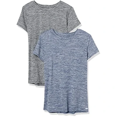 Imagen de Amazon Essentials Camiseta técnica elástica de Manga Corta y Cuello Redondo (Disponible en Tallas Grandes) Mujer, Pack 2, Azul Marino Mezcla/Negro Mezcla, M