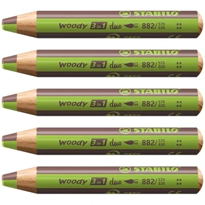 Imagen de STABILO Lápiz de color, cera y acuarela woody 3 en 1 duo Mina bicolor Caja con 5 unidades Colores verde claro/marrón