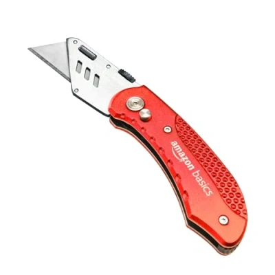Imagen de Amazon Basics Cuchillo plegable y duradero para uso general con cuerpo de aluminio, color rojo