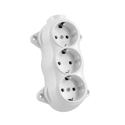 Imagen de Enchufe de pared latón grueso, 3 enchufes, 16 A, 250 V, color blanco, aspecto retro baquelita