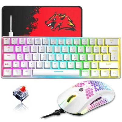 Imagen de RGB Cable Juegos Teclado Combo, 62 Teclas UK Layout 12,000 dpi Transparente Cueva Ratón Compacto Mecánico Teclado(Interruptor Rojos)
