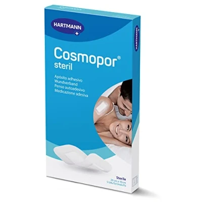 Imagen de Cosmopor Steril: para el cuidado de lesiones y heridas. También heridas quirúrgicas. Suave con gran adherencia, adecuado pieles sensibles; 20x10cm; 5 unidades