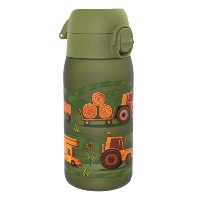 Imagen de Ion8 Botella de Agua para Niños, 350ml, a Prueba Fugas, Fácil Abrir, Cerradura Segura, Apta Lavavajillas, Sin BPA,Asa Transporte, Limpiar, Neutro en Carbono, Máquinas Agrícolas