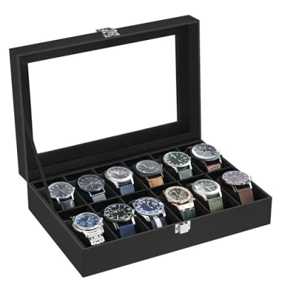 Imagen de SONGMICS Caja de Relojes con 12 Compartimentos, Estuche Tapa Cristal, Cojín Extraíble, Cierre Metálico, Idea Regalo, Cuero Sintético Negro y Forro JWB12B