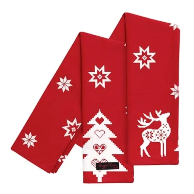 Imagen de Ragged Rose Tracy Red Reindeer Xmas Tea Towels Paños de Cocina nórdicos navideños, Algodón, Rojo, 50 x 70 cms, 2