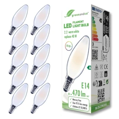 Imagen de greenandco 10x bombilla de filamento LED esmerilado E14 C35 2,2W 470lm sustituye A 40W 2700K blanco cálido 320 230V sin parpadeo clase energética no regulable