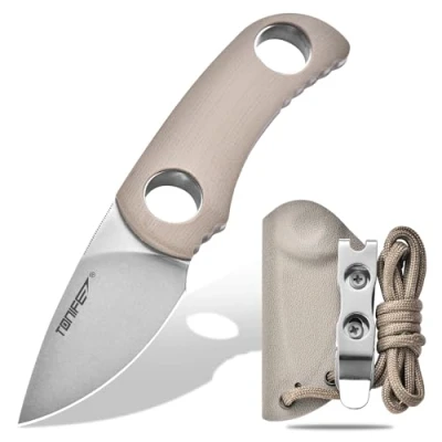 Imagen de TONIFE Cuchillo de Hoja Fija 4,7cm,Mini Caza Cuello con Funda Kydex y Acollador,Portátil EDC Fijo para Outdoor Supervivencia Camping(arena cálida)