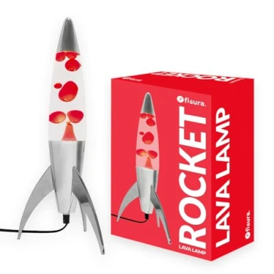 Imagen de Fisura Lámpara de lava roja “rocket. Base cromada, líquido transparente y roja. retro con bombilla repuesto. 20 cm x 45 cm.