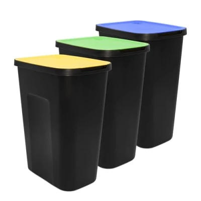 Imagen de cubo de basura negro con tapa abatible color, juego 3 unidades 50 L Sistema separación residuos para plástico orgánicos reciclaje basura, reciclaje,