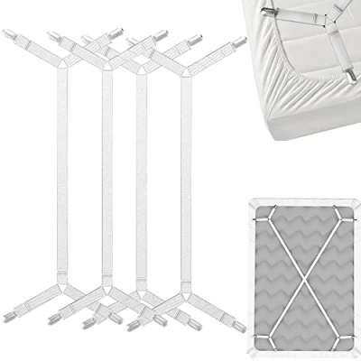 Imagen de FeelAtHome Correas para Sujetar Sábanas Entrecruzadas Las se Mantienen Suspendidas Manteniendo Ajustadas o Planas en su Lugar Clips Elásticos Sujetadores (4 Piezas, Blanco)