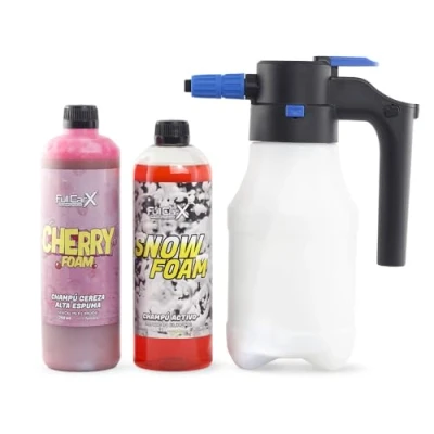 Imagen de FULLCARX Kit Champús con Pulverizador a Presión Automático Eléctrico, Champú Espuma Activa Snow Foam PH Neutro, Jabón Rosa Cherry Foam, Limpieza Exterior Coche, Productos Detailing Profesional