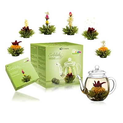 Imagen de Creano Juego de regalo flores Té ErblühTee con tetera cristal verde sabor afrutado (rosas en 6 variedades), para mujer, madre, amantes del 7 piezas