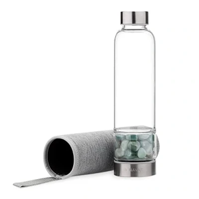 Imagen de Navaris Botella de cristal con piedras agua cuarzo aventurina natural Cantimplora vidrio 420 ml curativas y funda