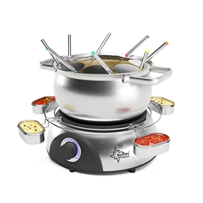 Imagen de SUNTEC Fondue eléctrica para 8 personas Tenedores + antisalpicaduras soporte salsas Alternativa a la raclette Olla queso chocolate grasa de acero inoxidable FON 8014 V2A