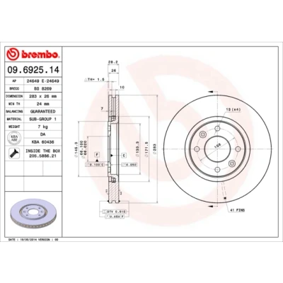 Imagen de BREMBO 09.6925.14 Disco de freno 283 26 4 ventilación interna con tornillos CITROËN: Xantia Hatchback, Familiar