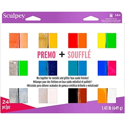 Imagen de Sculpey Polyform Soufflé &amp; Premo Premium, arcilla polimérica para hornear, juego de 24 colores únicos, no tóxico, 12 libras, ideal hacer joyas, vacaciones, bricolaje, medios mixtos y más,