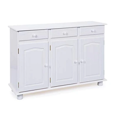 Imagen de Inter Link Cómoda rústica Aparador Buffet Estilo rústico Pino macizo 3 puertas cajones Lacado blanco Livio