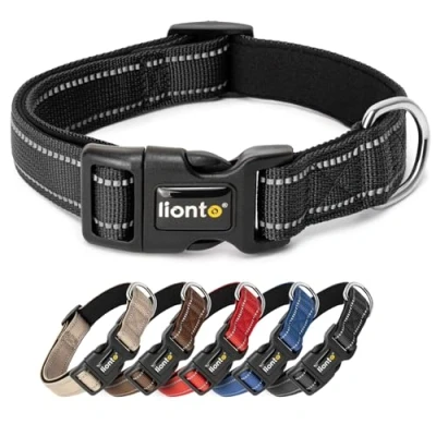 Imagen de lionto Collar de Perro Acolchado Nylon Reflectante Impermeable Ajustable, Tamaño L, Negro