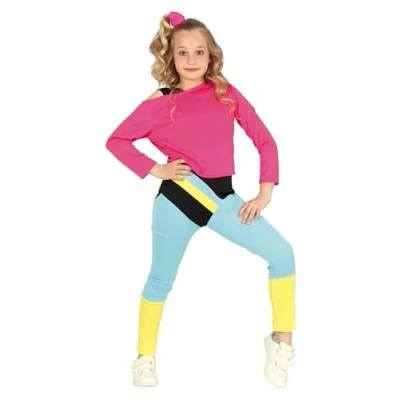 Imagen de FIESTAS GUIRCA Disfraz de Gimnasta Años 90 Niña Atuendo Infantil 80 con Camiseta Rosa y Mono Multicolor para Niñas 7 9