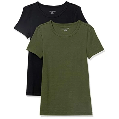 Imagen de Amazon Essentials Camiseta de Cuello a la Caja Manga Corta y Ajuste Entallado Mujer, Pack 2, Verde Oliva Oscuro/Negro, M