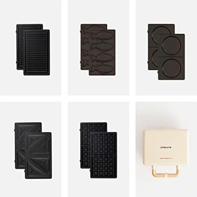 Imagen de CREATE/STONE STUDIO/Sandwichera Grill y gofrera doble blanco roto / 5 placas intercambiables: Grill, Gofre, Sandwich, Taiyaki Tortitas, antiadherente, apertura 100º, autoapagado, retro, 800W