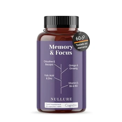 Imagen de Nullure Nootrópico Potente Memoria y Concentración Energía Vegano Ginko Biloba 6000 mg + Citicolina COGNIZIN Ginseng Bacopa Monnieri Zinc Vitamina D Sin Cafeína 60 caps