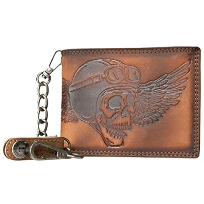 Imagen de FLW Cartera Biker en Piel Verdadera con Calavera de Motorista, Cadena Metálica 45 cm Largo